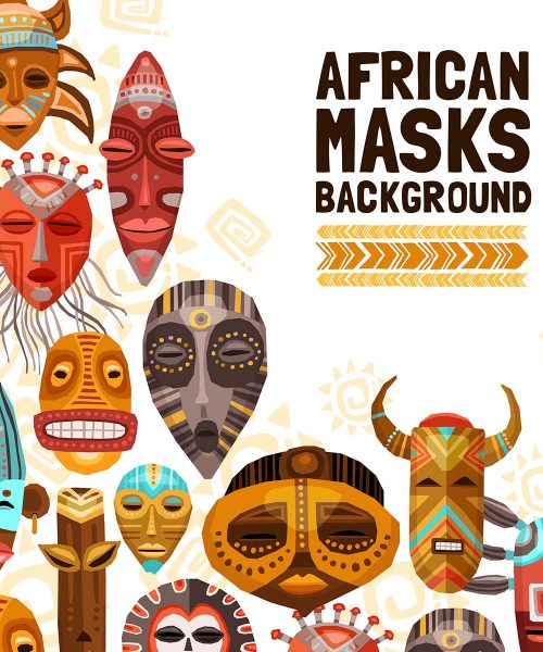 Flat background with colorful african ethnic tribal masks of different size and shape vector illustration